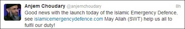 Anjem Choudary Islamic Emergency Defence tweet