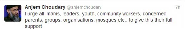 Anjem Choudary support for Islamic Emergency Defence tweet