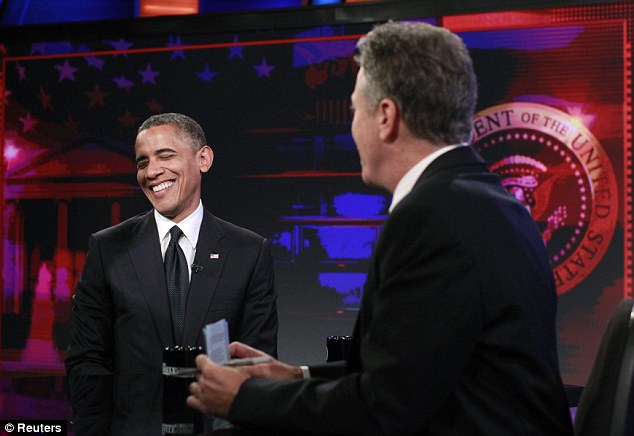 Not optimal: President Barack Obama, pictured left, discussed the killing of four men in Benghazi while speaking to Jon Stewart, right, on The Daily Show 