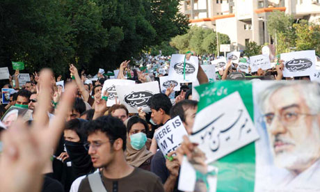 Supporters of Mir Hossein Mousavi protest in the streets of Tehran. 